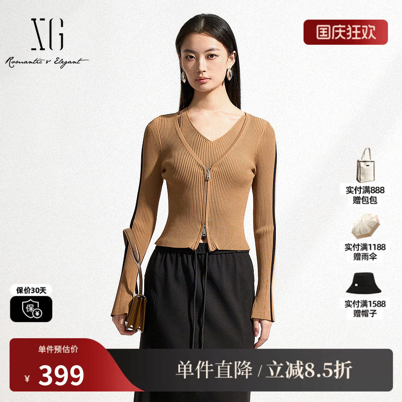 XG/雪歌XK111505A873 黑咖色假两件针织衫修身显瘦套头长袖毛衣女