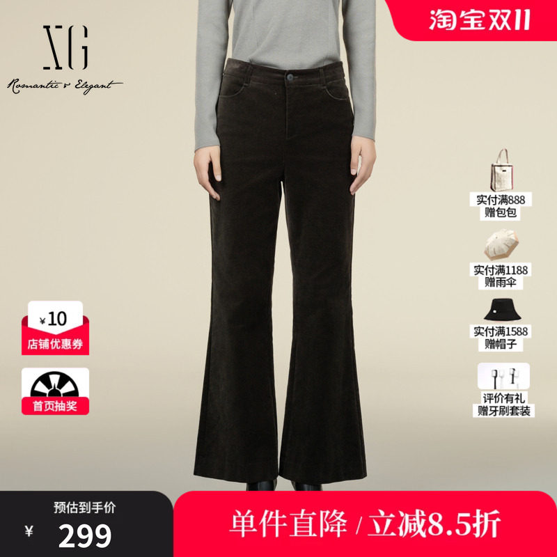 XG/雪歌XK402002A385灰绿色宽松休闲裤2025冬季新款微喇长裤女装