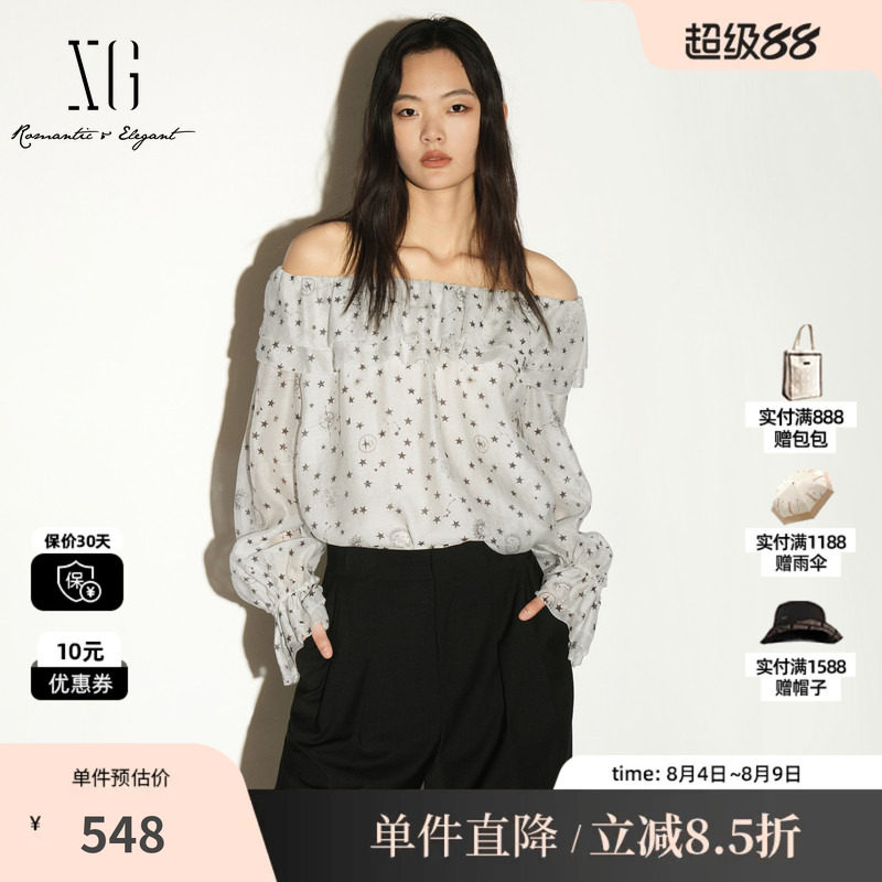 XG/雪歌 XL321018B292白色星星波点莱赛尔一字领长袖衬衫多穿女装