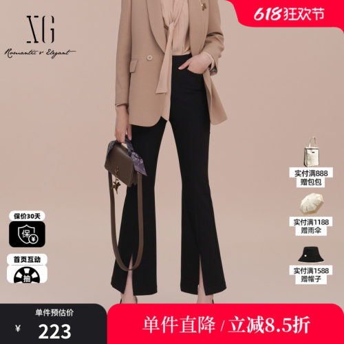 XG/雪歌XK102001A190黑色高腰休闲裤2025春季新款开叉微喇长裤女