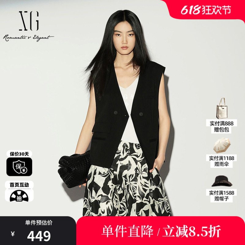 XG/雪歌XL224002A290黑色V领无袖西装马甲直筒薄款搭配外穿马夹女