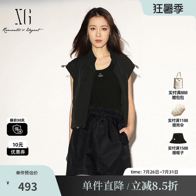 XG/雪歌XL224007A990 黑色直筒工装风口袋马甲薄户外马夹外套女装