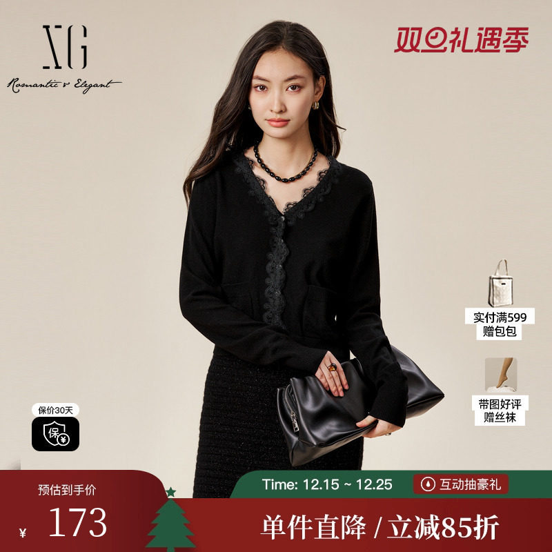 XG/雪歌XK411537A890黑色蕾丝毛针织衫时尚冬季新款绵羊毛毛衫女