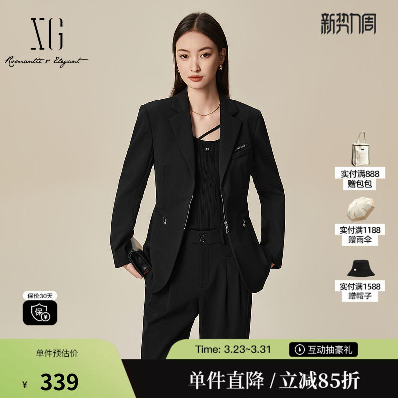 XG/雪歌XL107030A390黑色休闲西装2025秋季新款绵羊毛长袖外套女