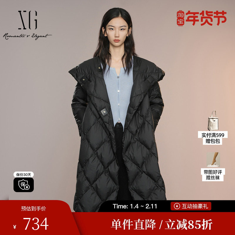 XG雪歌XK306002A690黑色中长款羽绒服2025秋季新款连帽鸭绒外套女,女装/女士精品,羽绒服,淘宝优惠券,粉丝福利购,淘宝优惠卷