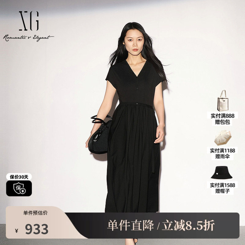XG/雪歌 XL204020A290黑色V领短袖连衣裙配腰带衬衫领薄A字伞裙女
