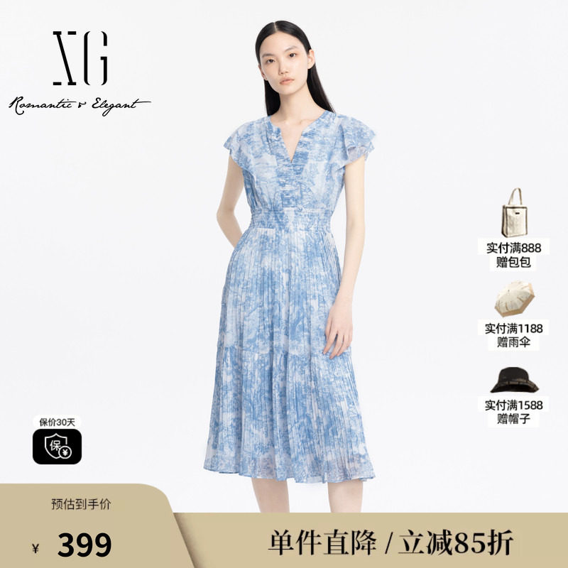 XG/雪歌XJ204053B496民俗风印花连衣裙时尚夏季新款收腰中长裙女