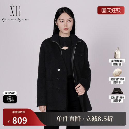 XG/雪歌 XK410051AE90黑色羊毛混纺无领毛呢外套毛衫两件套大衣女