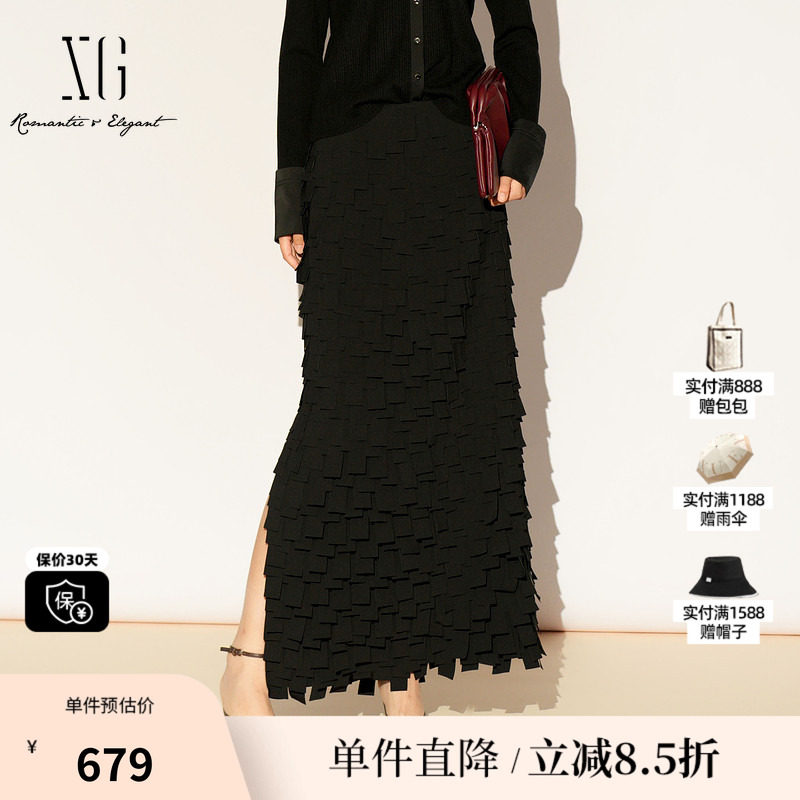 XG雪歌XL103019A190黑色设计感半身裙2026春季新款拼接直筒长裙女
