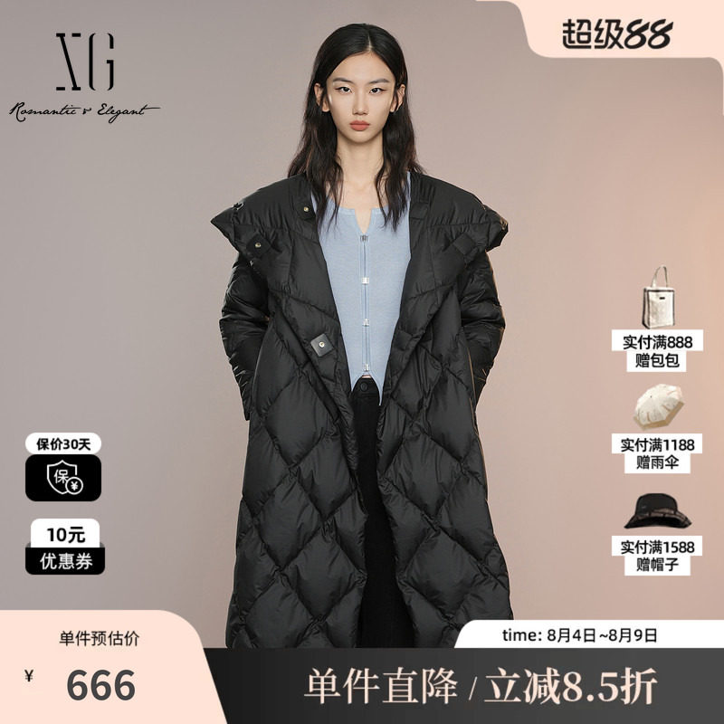 XG雪歌XK306002A690黑色中长款羽绒服2025秋季新款连帽鸭绒外套女