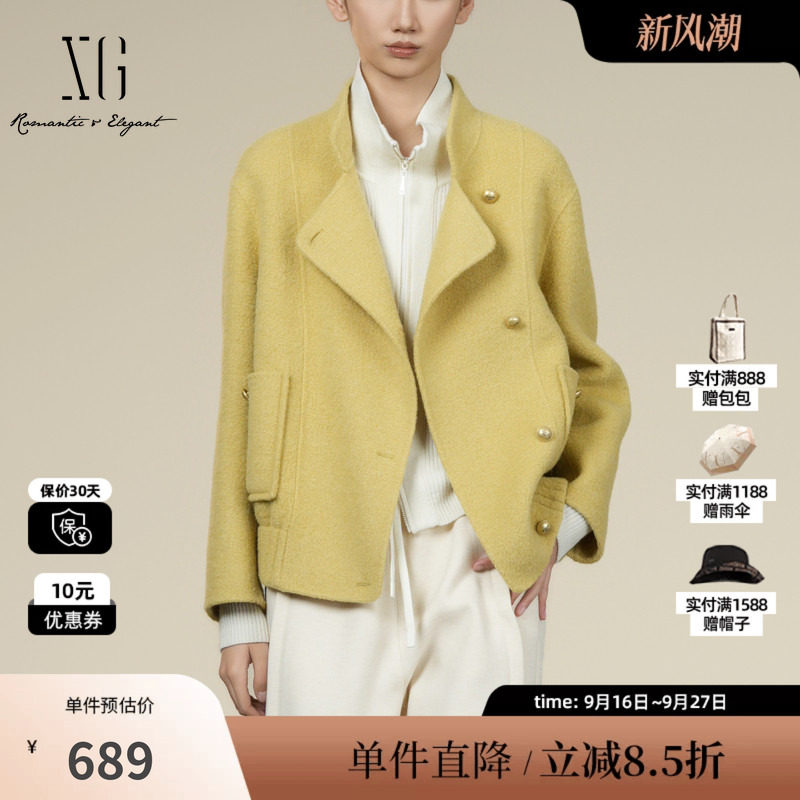 XG/雪歌XK410001A630 浅黄色翻领毛呢外套感长袖羊毛混纺大衣女装