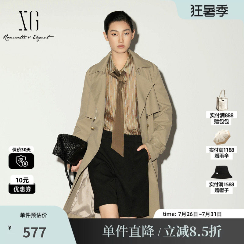 XG/雪歌XL108005A209双排扣中长风衣直筒拉链宽松腰带显瘦外套女