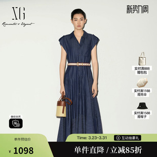 连衣裙配腰带棉感中长A字伞裙女 雪歌XL204039A219牛仔蓝色无袖