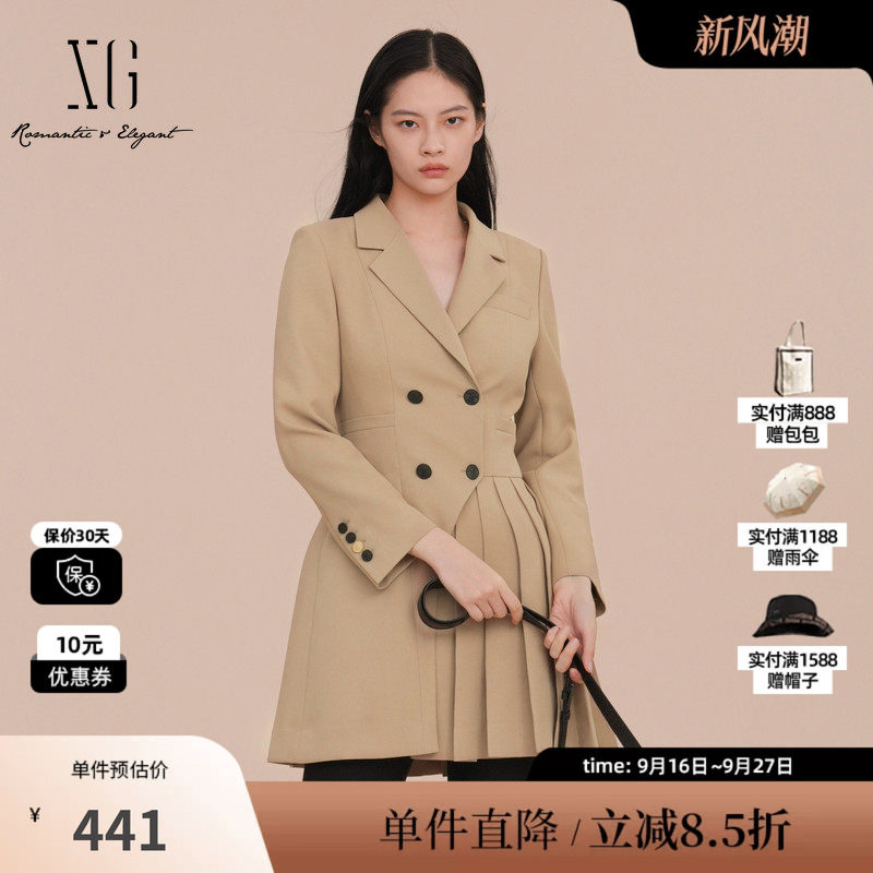XG雪歌XK107010A173百褶拼接西装2025春季新款卡其色中长款外套女