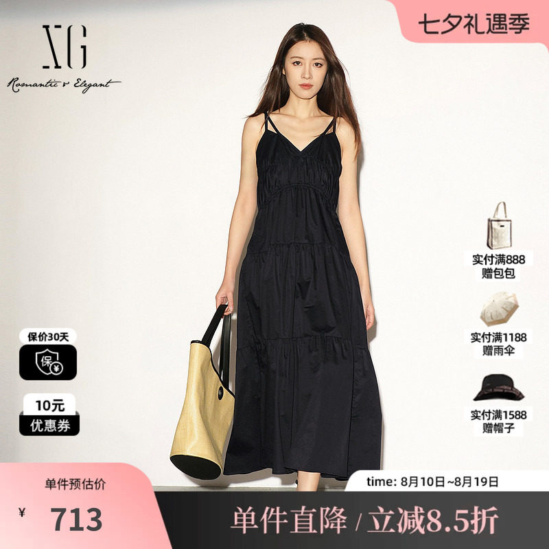 XG/雪歌XL204044A990黑色纯棉吊带连衣裙松紧高腰薄款无袖A字裙女