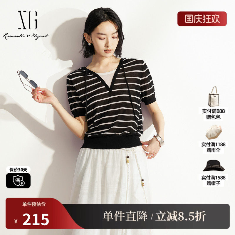 XG/雪歌XM211597B899黑白条纹V领假两件短袖针织衫直筒休闲简约女