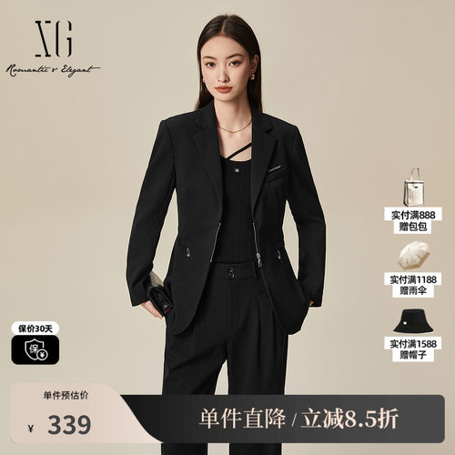 XG/雪歌XL107030A390黑色休闲西装2025秋季新款绵羊毛长袖外套女