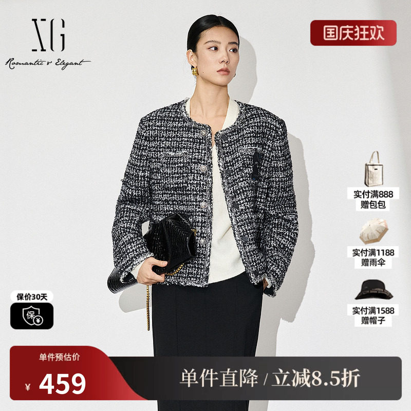 XG/雪歌XJ407031B705 黑白小香风毛呢外套短款羊毛混纺正肩大衣女