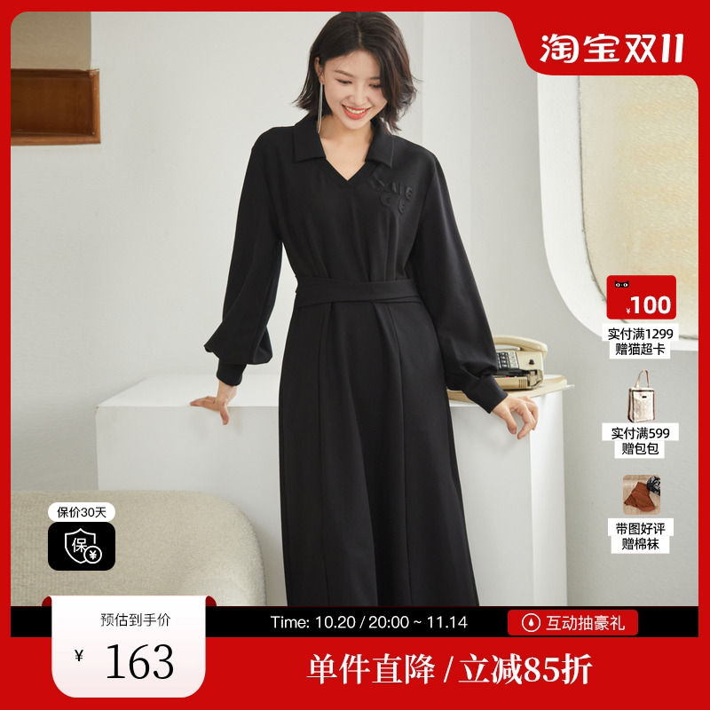 XG/雪歌XJ304617A890黑色长袖连衣裙时尚秋季新款高腰中长A字裙女