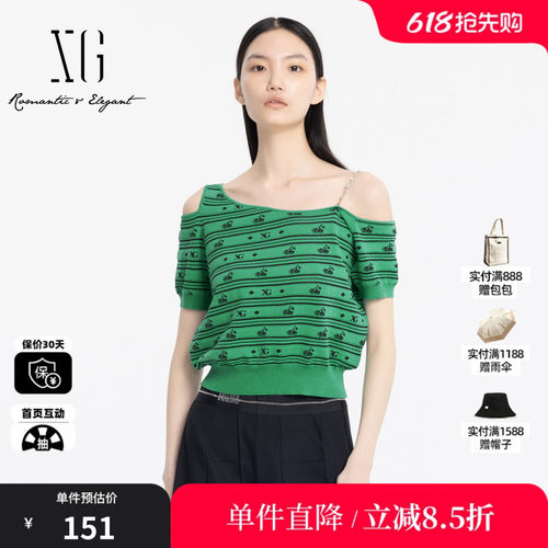 XG雪歌XJ211005B641绿色短袖毛针织衫时尚夏季新款斜领收腰上衣女