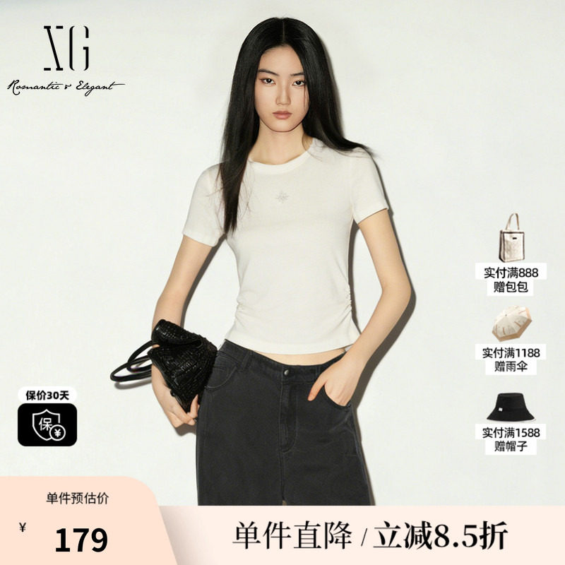 XG/雪歌XM201518A891白色莱赛尔短袖圆领T恤修身短款薄款通勤女装