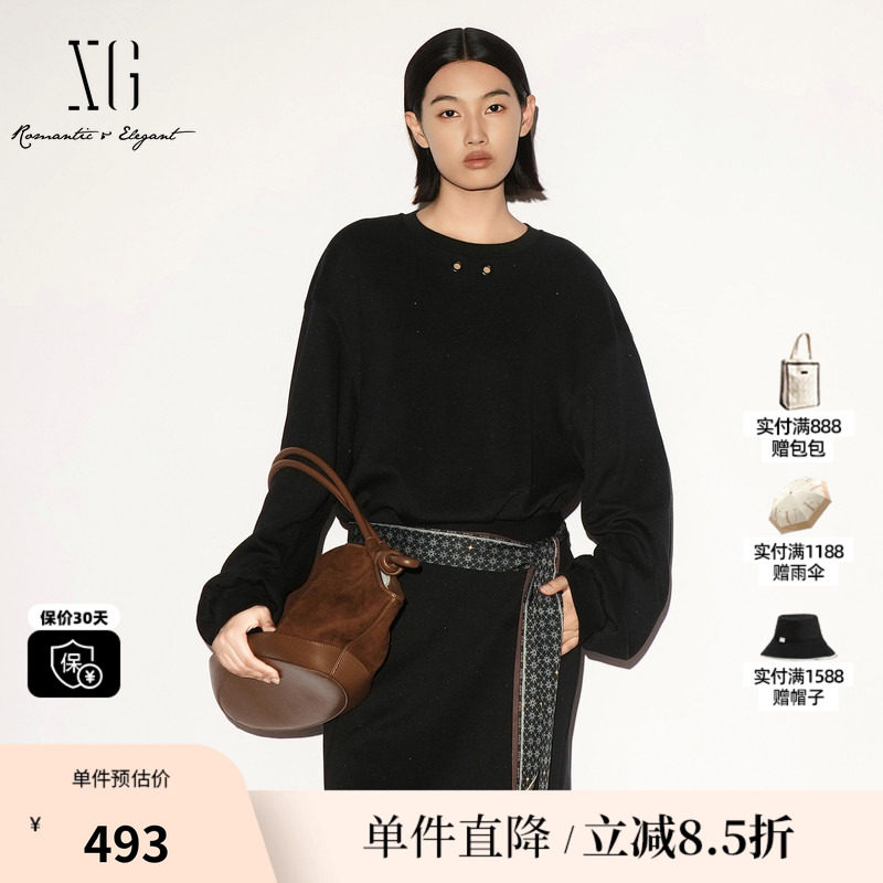 XG/雪歌 XL301009A328藏青色配飘带圆领长袖卫衣短款休闲收腰女装