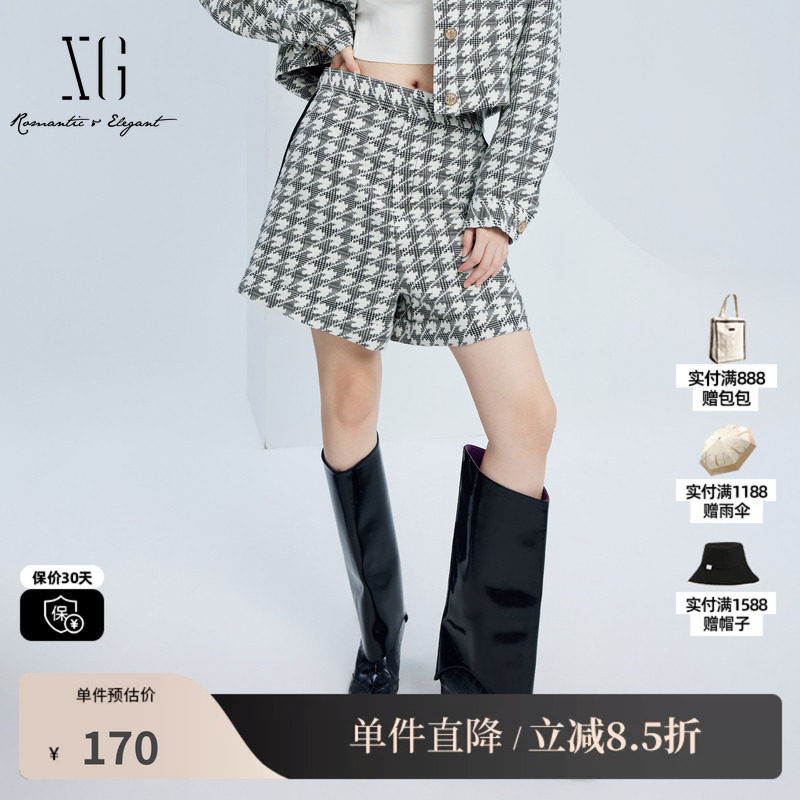 XG雪歌XJ302021B595小香风格纹休闲裤时尚秋季新款宽松直筒短裤女