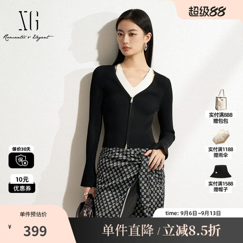 XG/雪歌XK111502A890 黑白色假两件针织衫修身显瘦套头长袖毛衣女
