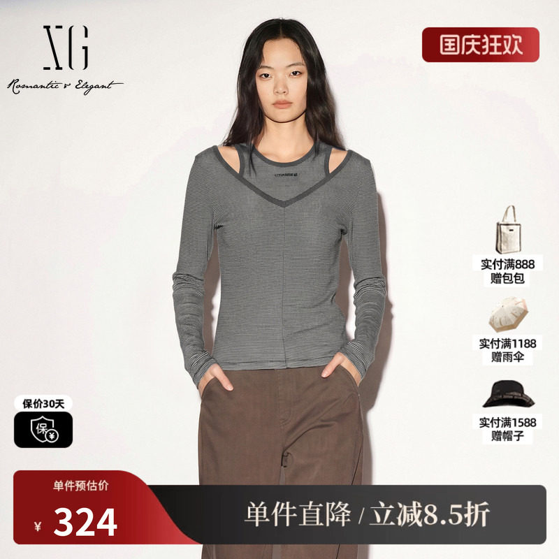 XG/雪歌XK301687B899灰色细条纹假两件长袖T恤修身镂空内搭上衣女