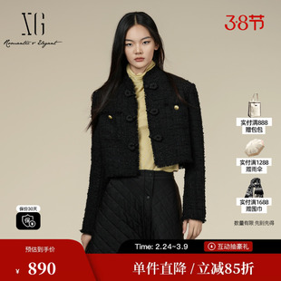 XG雪歌XK407011A390小香风长袖短外套2025冬季新款黑色短款外套女