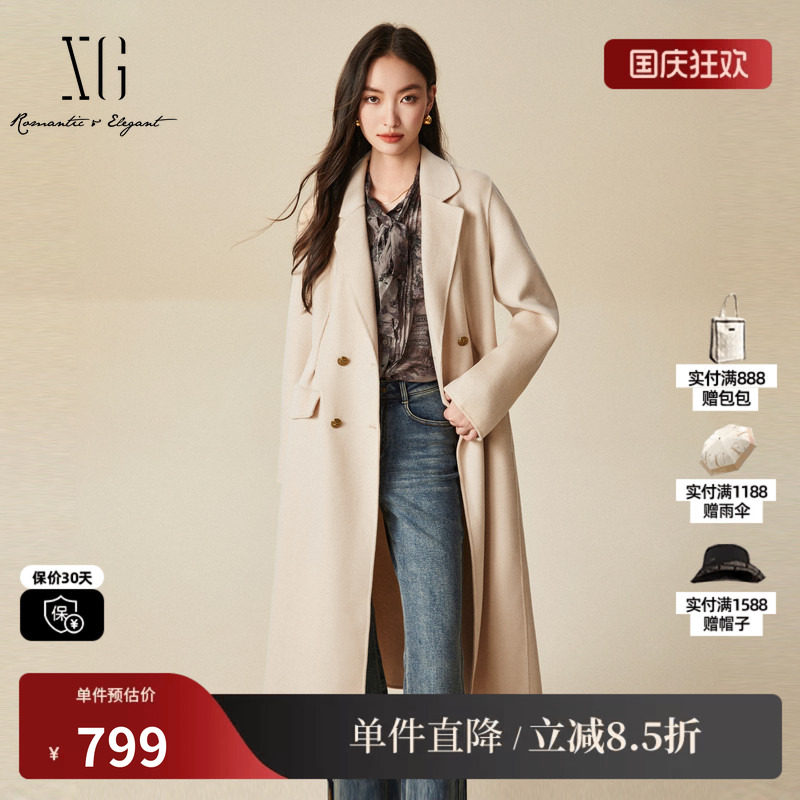 XG/雪歌XJ410044A251米白色毛呢外套时尚冬季新款纯棉羊毛大衣女