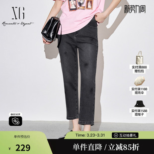 秋季 时尚 新款 修身 女 直筒长裤 雪歌XJ302019A290黑色弹力牛仔裤