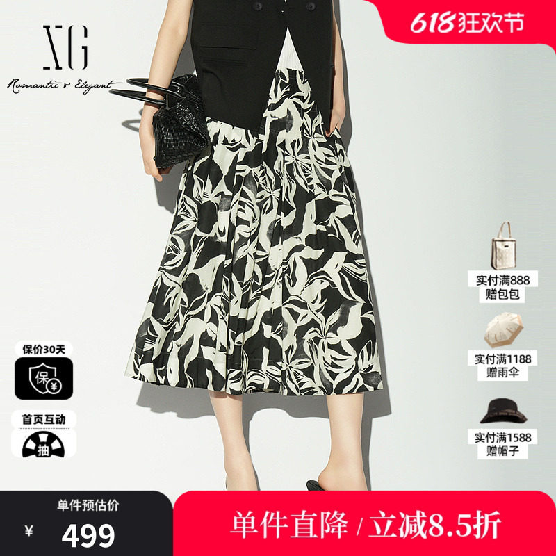 XG/雪歌XL203014B293黑白花版棉感半身裙高腰A字百褶中长伞裙女装