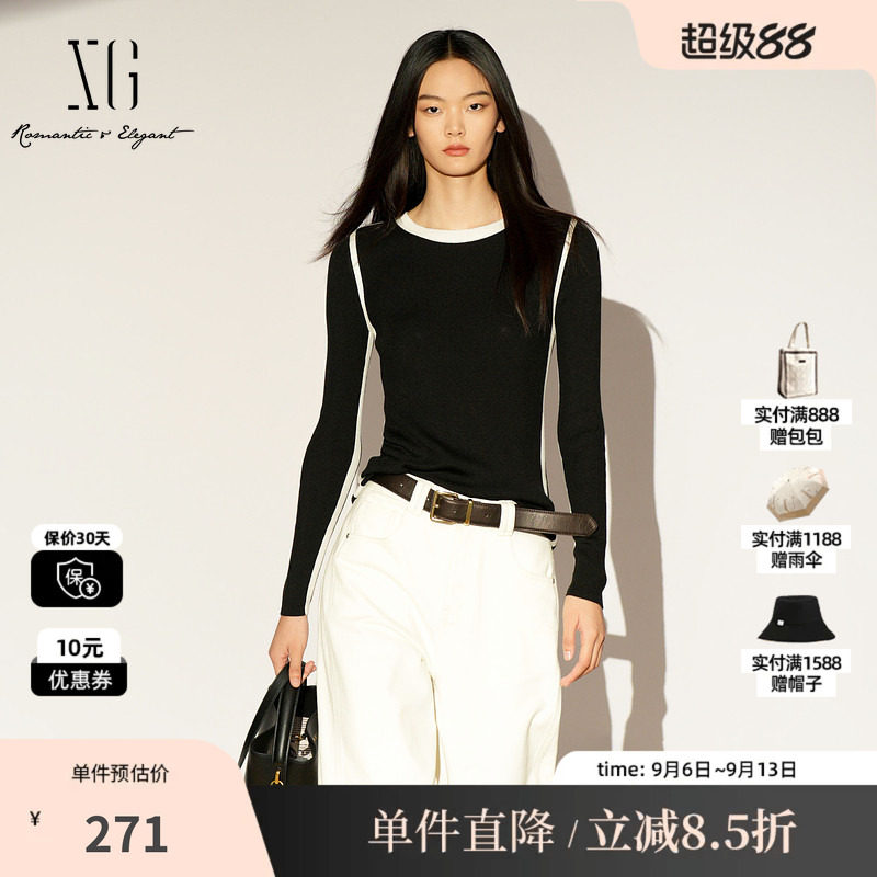 XG/雪歌XL111030A290莱赛尔撞色针织衫套头圆领醋纤修身打底衣女