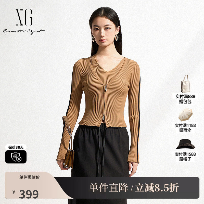 XG/雪歌XK111505A873 黑咖色假两件针织衫修身显瘦套头长袖毛衣女
