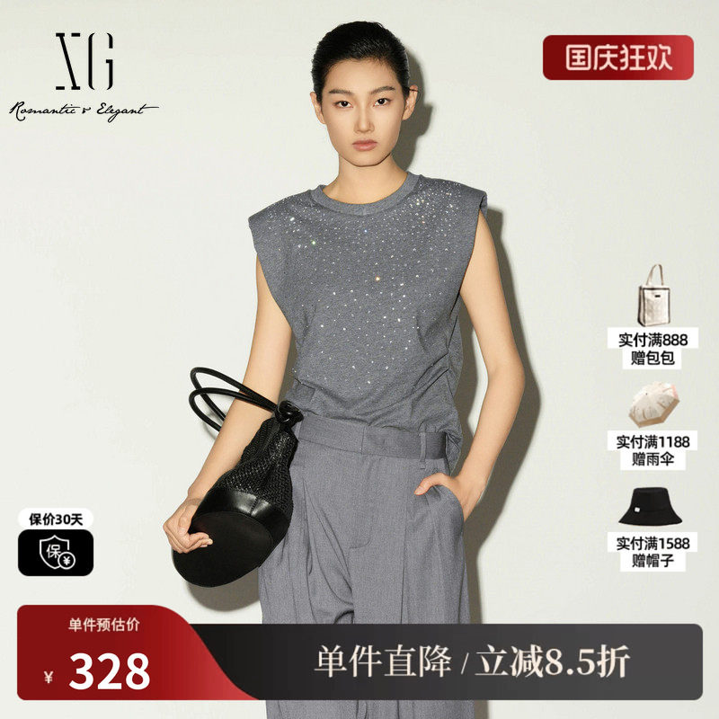 XG/雪歌XL201016A484灰色纯棉烫钻T恤薄款飞袖修身直筒捏褶上衣女
