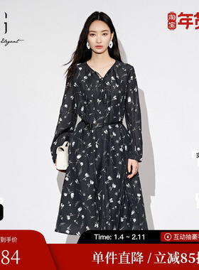 XG雪歌XL304830A806满版印花长袖连衣裙2025秋季新款碎花中长裙女