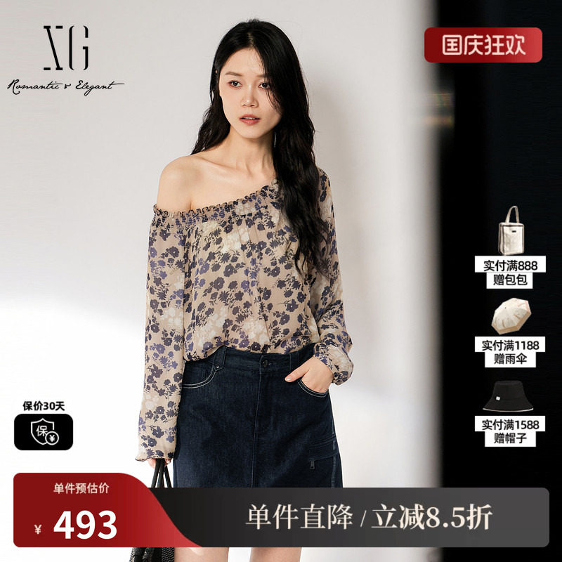 XG/雪歌 XL321001B493碎花圆领长袖宽松衬衫一字肩褶皱休闲简约女