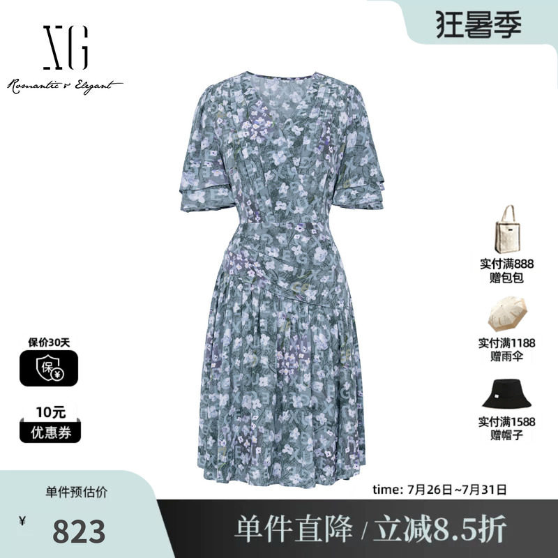 XG/雪歌XL204053BE93 碎花V领短袖连衣裙收腰A字伞裙休闲薄款女装