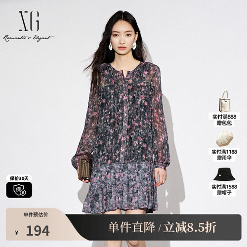 XG雪歌XJ304026B696荷叶领长袖连衣裙时尚新款碎花百褶短裙女