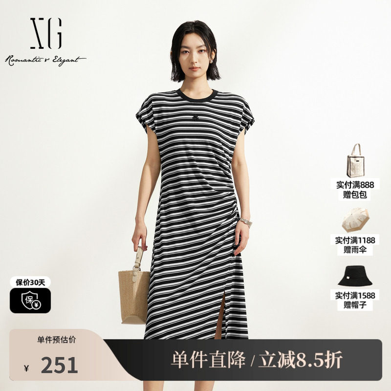 XG/雪歌XM204532B899黑白条纹短袖T恤连衣裙收腰不规则中长裙女装