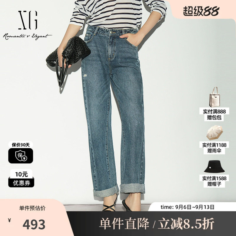 XG/雪歌XL202015A319 蓝色棉感直筒牛仔裤微弹薄款水洗复古长裤女