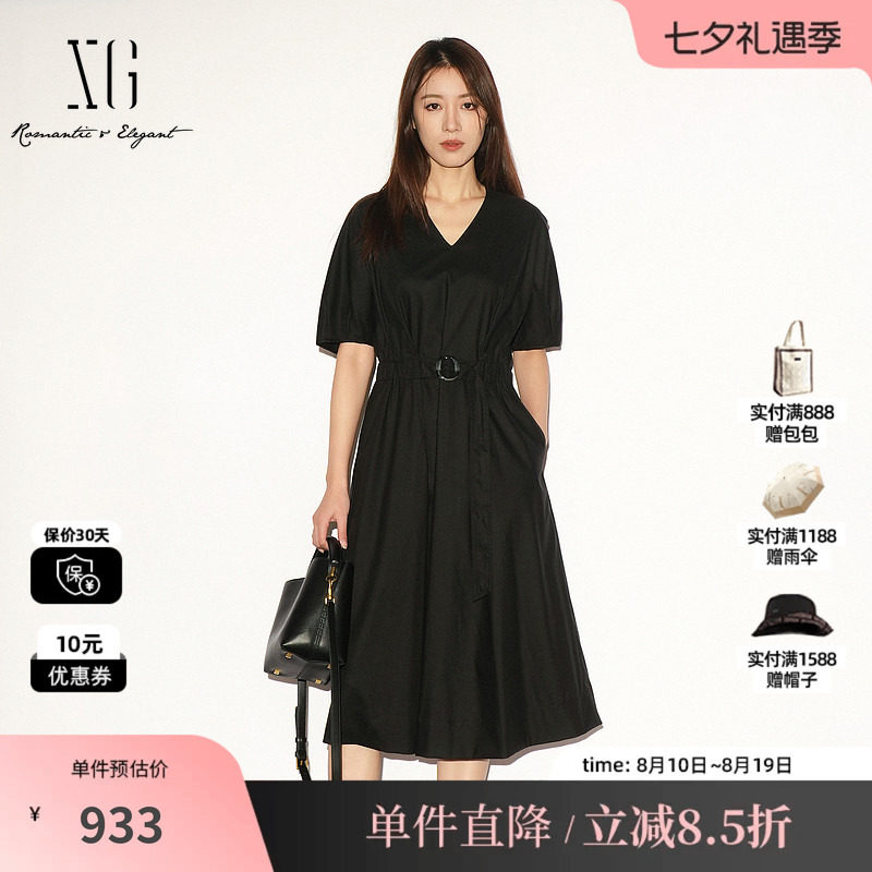 XG/雪歌 XL204048AE90黑色V领短袖连衣裙松紧收腰显瘦A字中伞裙女