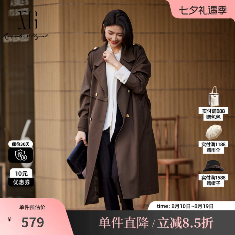 XG/雪歌 XK308010A572咖色翻领单排扣长款风衣外套气质老钱简约女