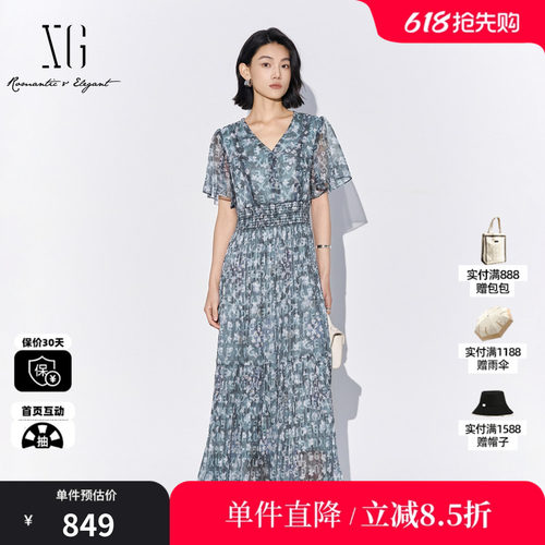 XG/雪歌XL204054BE93 碎花V领飞袖连衣裙松紧高腰A字薄款长裙女装