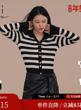 XG/雪歌XJ411111A999黑白条纹毛针织衫2024冬季新款绵羊毛毛衫女