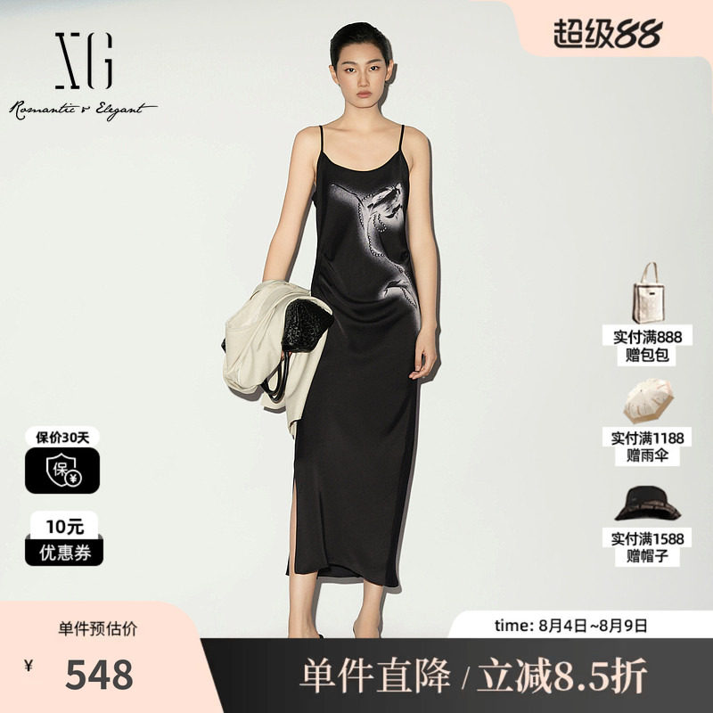 XG/雪歌 XL204040A190黑色印花修身吊带连衣裙薄款无袖背心开叉女