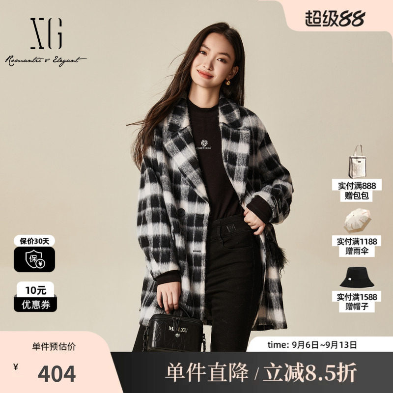 XG/雪歌XJ410036B495 黑白格纹毛呢外套中长款通勤羊毛混纺大衣女
