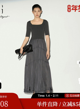 XG/雪歌XL104003A183短袖拼接连衣裙修身圆领针织长款网纱伞裙女