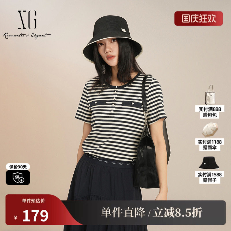 XG/雪歌XK201003B499黑白条纹短袖T恤圆领直筒显瘦休闲纽扣上衣女